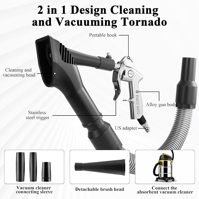 GOCCIDA 2IN1 Car Interior Detailing Air Blow Gun & vacunm Gun with Adjustable Air Flow Nozzle,Cleaning Gun Quickly Blasts Dirt and Dust from Surface Works with Air Compressor(Upgrade Rotate Tube)