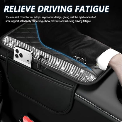 Stacool Upgraded Car Center Console Cover with Rhinestones,Microfiber Leather Car Armrest Cover Cushion with 2 Storage Bags,Universal Cars Armrest Storage Box as Cars Interior Accessories