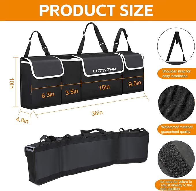 Trunk Organizer For Suv, Backseat Hanging Car Organizer And Storage,Large Capacity Foldable Trunk Organizer For Suv,Jeep/Truck/MPV,Car Accessories Interior(36"*10") Black