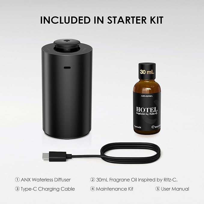Waterless Essential Oil Diffuser Starter Kit with 30mL Hotel Scent Fragrance Oil Inspired by Ritz-C., Battery Operated Premium Portable Mini Scent Air Machine for Home Car Office, Black ANX