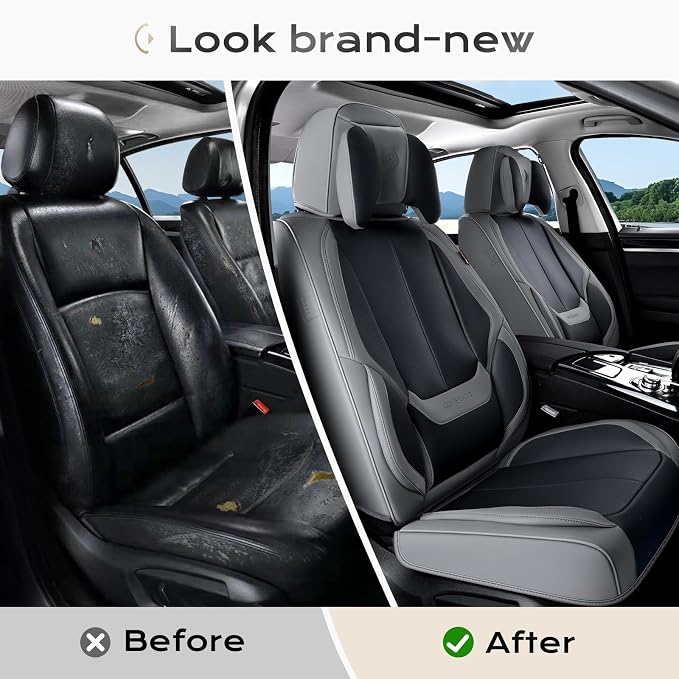 Coverado Seat Covers, Car Seat Covers Front Seats, Car Seat Cover, Car Seat Protector Waterproof, Seat Cushion Nappa Leather with Head Pillow, Carseat Cover Universal Fit for Most Cars (Gray&Black)