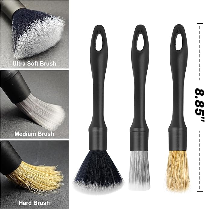 3PCS Car Detailing Brush Set - Interior or Exterior Car Cleaning Brush, [Durable Bristles] Ultra Soft Boars Hair Car Detailing Brushes, Auto Detail Brushes for Air Vent, Leather Seat, Wheels, Emblems