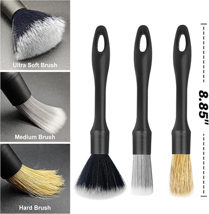3PCS Car Detailing Brush Set - Interior or Exterior Car Cleaning Brush, [Durable Bristles] Ultra Soft Boars Hair Car Detailing Brushes, Auto Detail Brushes for Air Vent, Leather Seat, Wheels, Emblems