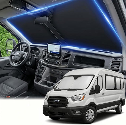 for Ford Transit 2015-2024 2025 2026 Windshield Sun Shade - Custom Fit Front Window Shade Transit Accessories Wagon XL,Wagon XLT Cargo Vehicle,Connect Van XL Foldable Sunshade Blocks UV Rays