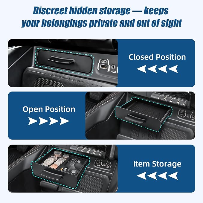 Center Console Hidden Storage Drawer Compatible with 2019-2026 RAM 1500 2500 3500, Pull-Out Organizer Insert with Anti-Slip Mat, Only Fits Models with Console Cubby