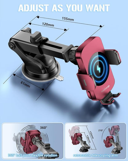 BothLin 3-in-1 Wireless Car Charger Mount, 15W Fast Charging Auto-Clamping Phone Holder for iPhone 17 16 15 14, Samsung Galaxy S24 S23, Dashboard, Vent & Windshield Car Mount(Deep Red)