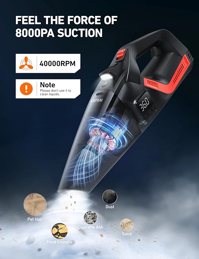 AstroAI 4-in-1 V3 12V DC High Power Handheld Car Vacuum Cleaner for Car,Home,Pet Hair Cleaning, 150 PSI 16.4FT Cord Digital Pressure Gauge & LED Light Portable Tire Inflator for Cars,Bikes,SUVs,Balls