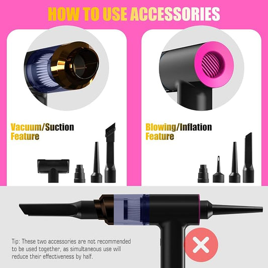 Handheld Car Vacuum Portable Cordless - Mini, Portable | Dual Suction (7500pa & 12000pa) | 4-in-1 Vacuum Cleaner, Blower, Inflator, Deflator & Air Duster for Car, Home, Kitchen, Pet Hair, Office Use