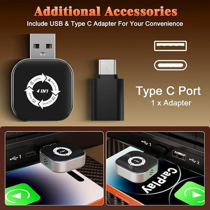 4 in 1 Wireless CarPlay Adapter with Screen Mirroring – Supports Apple CarPlay & Android Auto & AirPlay & MirrorLink, 2026 Upgraded screen mirroring dongle for car, USB-A/USB-C Connection, Plug & Play