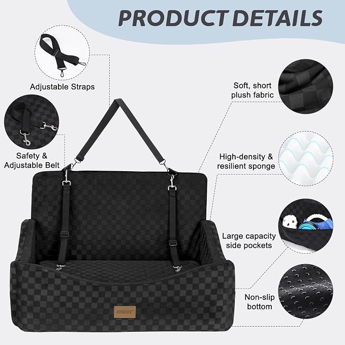 JOEJOY Dog Car Seat for Medium/Large Dogs - Reversible Dual-Sided Travel Dog Car Bed with Memory Foam, Washable Pet Booster Seat for Do gs up to 55 lbs or 2 Small Dogs, 2 Safety Leashes, Black