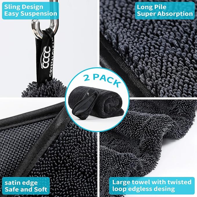 Crystal Clean 1300GSM Car Drying Towel - XL (24x36) Microfiber Towels for Cars with Double Twisted Loop, Professional Detailing Towel for Car Detailers - Quick Dry, Paint Safe & Swirl-Free