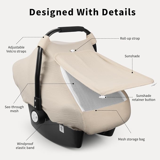 Rquite Car Seat Cover Baby, Carseat Covers Girl Boy, Breathable Muslin Cotton, Large Mesh Window, Infant Car Seat Canopy Baby Carrier Cover Stroller Sun Shade for Summer & Hot Day, Beige
