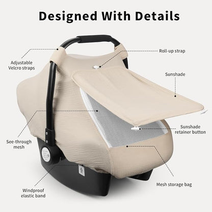 Rquite Car Seat Cover Baby, Carseat Covers Girl Boy, Breathable Muslin Cotton, Large Mesh Window, Infant Car Seat Canopy Baby Carrier Cover Stroller Sun Shade for Summer & Hot Day, Beige