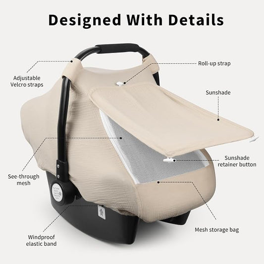 Rquite Car Seat Cover Baby, Carseat Covers Girl Boy, Breathable Muslin Cotton, Large Mesh Window, Infant Car Seat Canopy Baby Carrier Cover Stroller Sun Shade for Summer & Hot Day, Beige