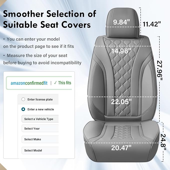 Coverado Car Seat Covers Front Seats, Gray Seat Covers, Breathable Perforated Design, Luxurious Diamond Leather Car Seat Cover, 2 Pack Car Seat Protector Front Seat Cover Universal Fit Most Cars