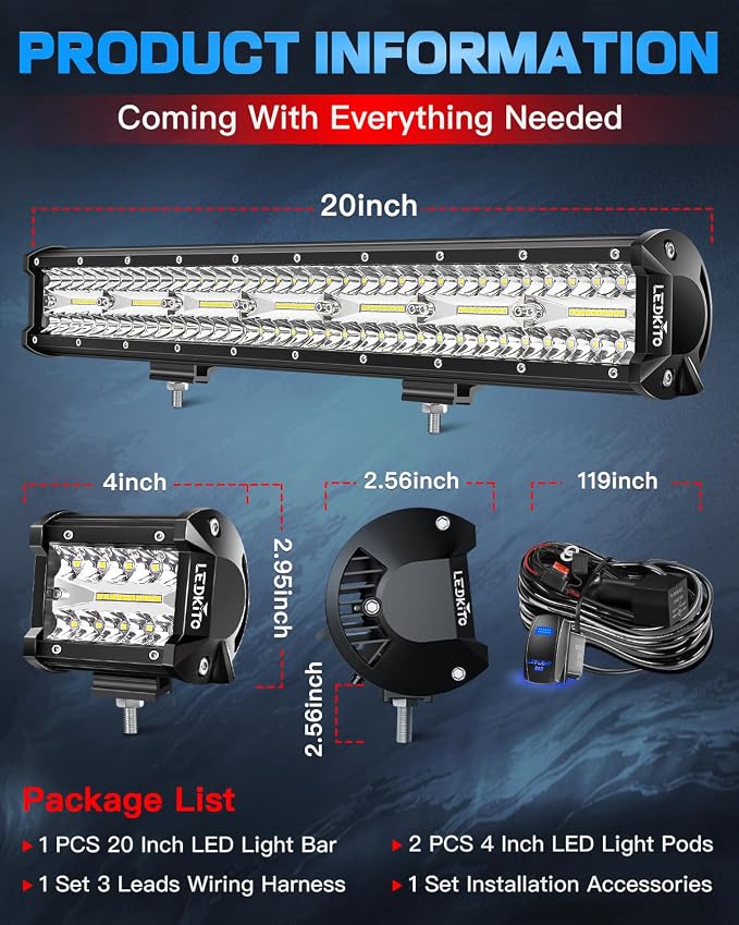 20Inch LED Light Bar and 4Inch LED Cube Pods Lights Kit with Wiring Harness Rocker Switch Spot Flood Combo Triple Row Off Road Driving Work Lights Bar for Pickup SUV UTV ATV Truck Tractor Boat