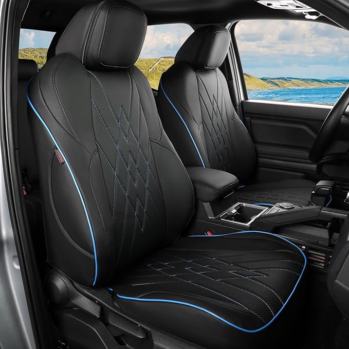 EKR Tacoma Car Seat Covers Custom Fit for Toyota Tacoma (Petrol) 2024 2025 2026 DoubleCab/CrewCab SR/SR5/TRD Sport/TRD Off-Road/Limited -Truck Seat Covers Full Set,Faux Leather (Black with Blue Trim)