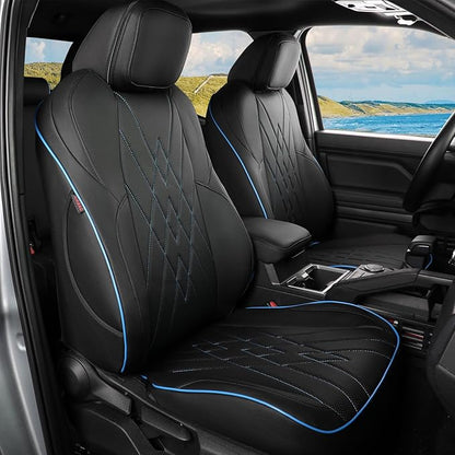 EKR Tacoma Car Seat Covers Custom Fit for Toyota Tacoma (Petrol) 2024 2025 2026 DoubleCab/CrewCab SR/SR5/TRD Sport/TRD Off-Road/Limited -Truck Seat Covers Full Set,Faux Leather (Black with Blue Trim)