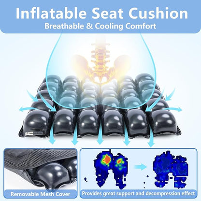 Inflatable Pressure Relief Air Cell Cushion for Wheelchair & Mobility Scooter, Breathable Cooling Seat Cushion for Pain & Sores Relief, Long Sitting, Airplane & Office Use (20" x 18")