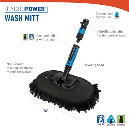 Unger 12.5” Hydropower Wash Mitt with Adjustable On/Off Water Control Valve for Car and Auto Cleaning, Absorbent Non-Scratch Microfiber Sleeve, Machine Washable, Compatible with Hose or Pole