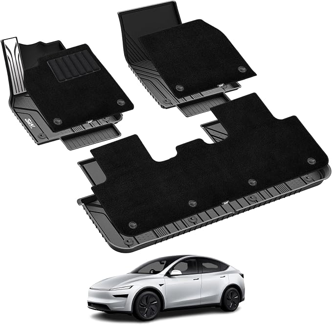 3W Tesla Model Y Juniper Floor Mats with Carpets, Metal Pedal, Double Layer, All Weather TPE Waterproof Custom Fit Automotive Car Floor Liners, Vigormold™