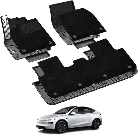 3W Tesla Model Y Juniper Floor Mats with Carpets, Metal Pedal, Double Layer, All Weather TPE Waterproof Custom Fit Automotive Car Floor Liners, Vigormold™