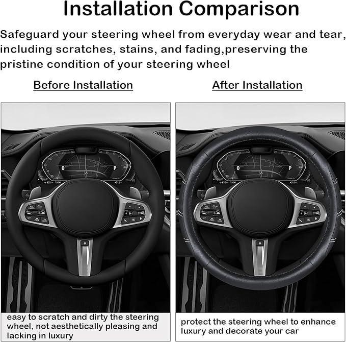 Black Line Punching Car Steering Wheel Cover, Microfiber Leather Sports, 14.5-15 in Universal Leather Wheel Covers, Breathable Fashion Anti-Slip, Steering Wheels Accessories for Men Women