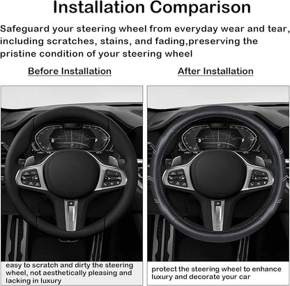 Black Line Punching Car Steering Wheel Cover, Microfiber Leather Sports, 14.5-15 in Universal Leather Wheel Covers, Breathable Fashion Anti-Slip, Steering Wheels Accessories for Men Women