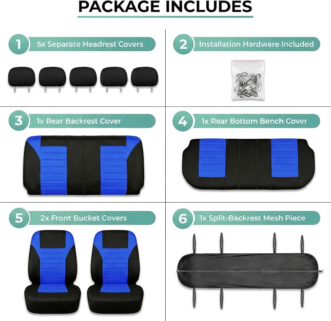 FH Group Automotive Car Seat Covers Full Set Premium 3D Air Mesh Front Seat Covers, Airbag Compatible & Split Bench Cover Universal Fit Interior Accessories for Cars Trucks and SUVs - Blue
