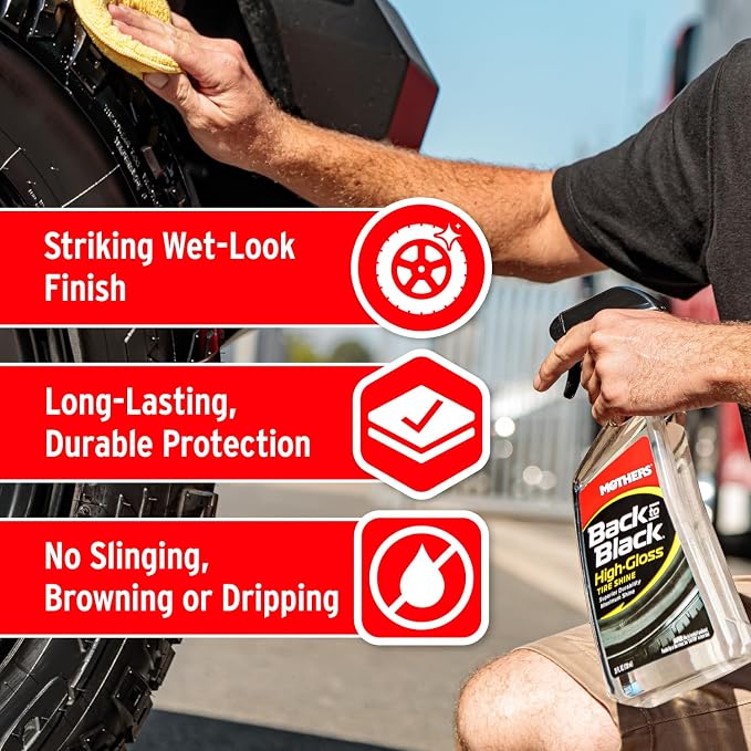 Mothers Back-to-Black High-Gloss Tire Shine, 24 oz. — Maximum Shine, Wet-Look, Long-Lasting Protective Barrier, Superior Durability, Striking Finish, Surface Care Technology (06924)