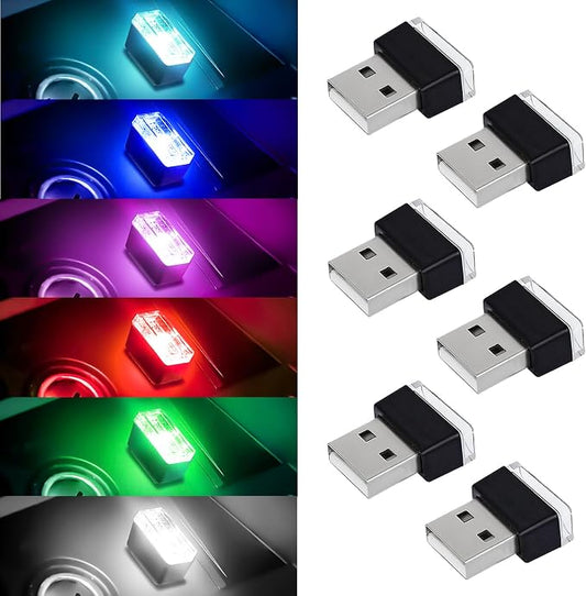 6 PCS USB LED Car Interior Atmosphere Lamp, Portable Mini Auto LED Decor Night Light, Plug-in USB Interface Ambient Lighting Kit, Universal Car Interior Accessories (6 Colors)