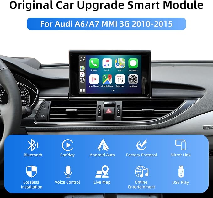 CarPlay Android Auto Adapter Decoder Retrofit Kit Fits Audi 2010-2015 A6 & A7 with MMI 3G System, Supports Wireless CarPlay&Android Auto/Voice Control/Mirror Link/Camera/USB Drive/Navigation
