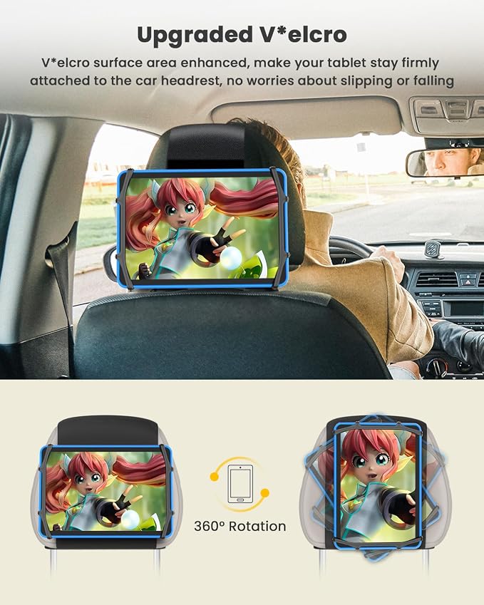 WONNIE Car Tablet Holder, Upgraded iPad Holders for Car Mount Headrest, iPad Mount Back Seat for Kids with Anti-Slip Strap, Silicone Holding Net/Fits All 7-12.9'' Tablets, 2 Pack