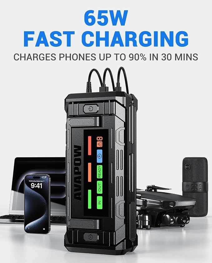 AVAPOW TJ68 10000A Battery Jump Starter Portable with 4" HD Display PD 65W Dual-Way Fast Charging,12V Jump Box, Car Battery Jump Starter for All Gas & Up to All Diesel Engines