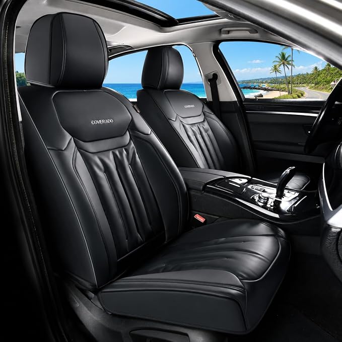 Coverado Front Seat Covers, Luxury Faux Leather Car Seat Protector, Waterproof Seat Covers Seat Cushion, Black Automotive Seat Covers Universal Fit for Most Cars