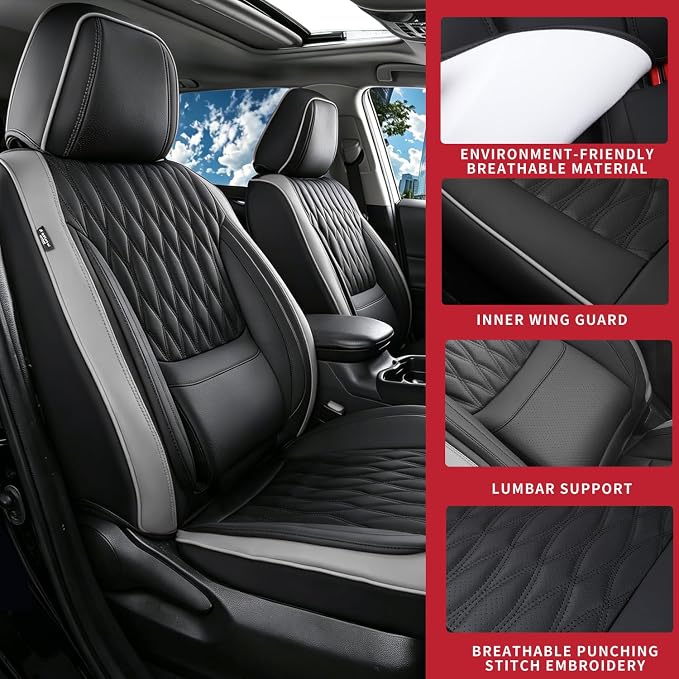 Car Seat Covers , Luxury Breathable Waterproof Faux Leatherette Car Seat Covers Cushion Protectors with Lumbar Support, Car Seat Cushion, Universal Fit Most Cars (Black-Gray, Front Seats - 2 PCS)