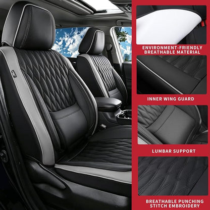 Car Seat Covers , Luxury Breathable Waterproof Faux Leatherette Car Seat Covers Cushion Protectors with Lumbar Support, Car Seat Cushion, Universal Fit Most Cars (Black-Gray, Full Set - 5 Seats)