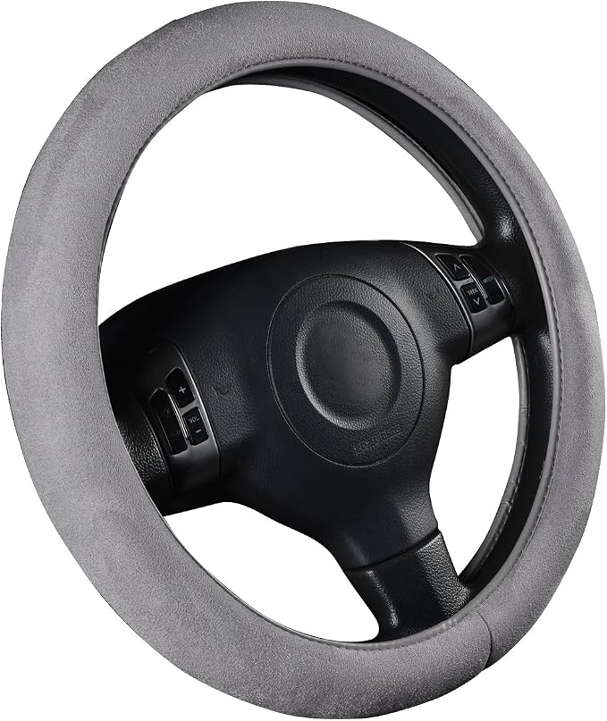 CAR PASS Car Steering Wheel Cover,14.5-15 Inch Gray Faux Suede Universal Memory Foam Auto Steering Wheel Covers Breathable Anti-Slip Odorless Steering Wheels Accessories for Men Women