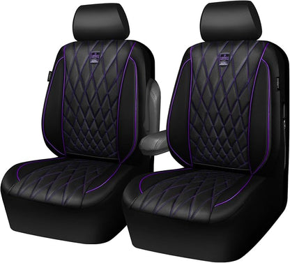 CAR PASS Piping Luxury Faux Leather Two Front Car Seat Covers, Waterproof Anti Slip Premium Automotive Seat Covers,Universal Fit for Suvs,Vans,Trucks, Armrest Airbag Compatible (Black and Purple)
