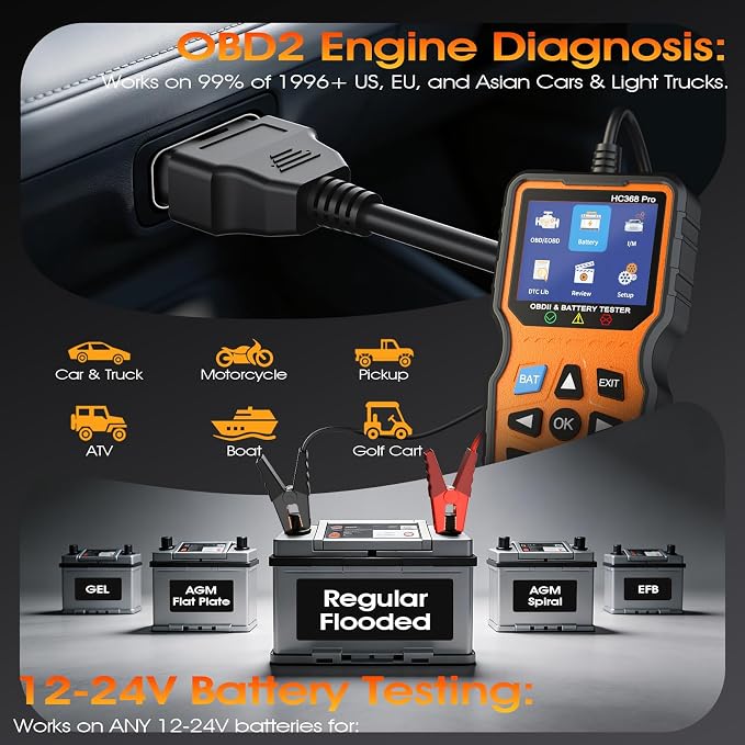 OBD2 Scanner with Battery Tester, 2-in-1 Design 1-Sec Read/Clear Check Engine Code Reader, 12V Car Battery Health & Charging System Analyzer, Universal Auto Diagnostic Tool for 1996+ Cars
