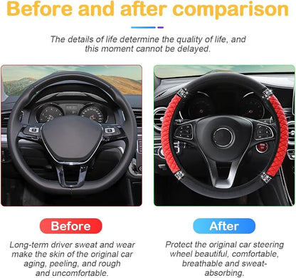 Osilly Bling Car Steering Wheel Cover, 15 Inch Rhinestones Soft Leather Elastic Steering Wheel Protector, Sparkly Crystal Diamond for Women Girls, Car Interior Accessories for Most Cars (Red)