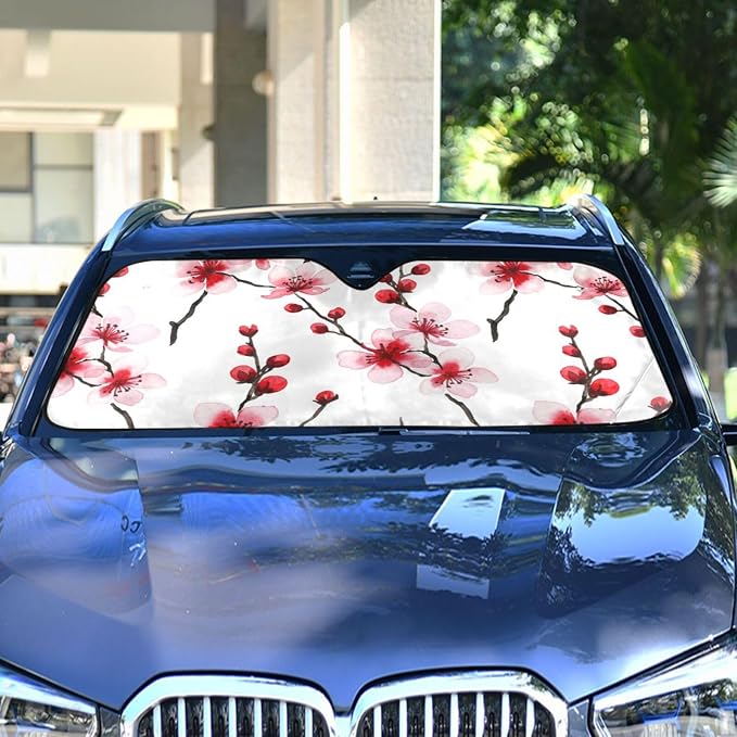 Cars Front Sun Shade Windshield,Foldable Reflective Sun Visor Cherry Blossoms Pink Red Windshield Sunshade Cover,Blocks UV Ray Sun Protect Interior Keep Cool,55" x 27.6"
