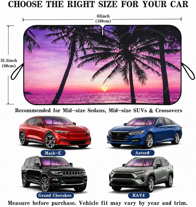 Car Windshield Sun Shade, Vacation Style Foldable Front Window Sunshade, UV Heat Protection Windshield Cover Universal Fits Crossover Mid-Large Sedan SUV Family Vehicle - 63 x 31.5