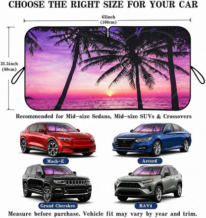 Car Windshield Sun Shade, Vacation Style Foldable Front Window Sunshade, UV Heat Protection Windshield Cover Universal Fits Crossover Mid-Large Sedan SUV Family Vehicle - 63 x 31.5
