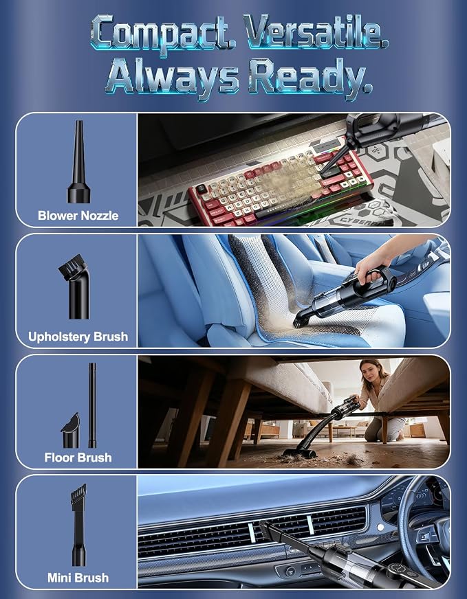 Cordless Handheld Vacuum Cleaner, 2-in-1 Vacuum & Blower, 36000Pa Suction Brushless Motor, Car Vacuum with LED Light, Lightweight, Portable for Car, Home, Office and Outdoor Use