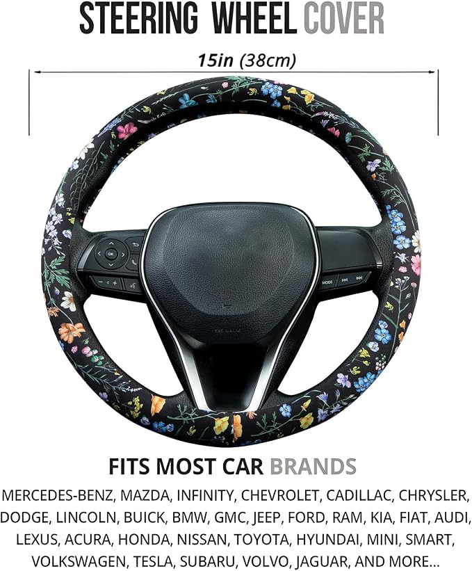 Multicolor Wildflower Steering Wheel Cover Auto Steering Wheel Protector, Anti-Slip, Breathable, Absorbing Sweat, Universal Floral Car Accessories 14.5–15 inch