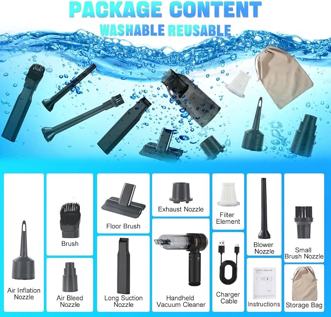 Handheld Car Vacuum 18000PA, 4-in-1 Mini Vacuum Cleaner Portable Cordless, Air Blower, High Power Air Duster with Brushless Motor, Suitable for Car, Home, Pet, Office, Camping (Golden)