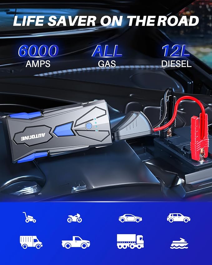 AUTOONE 6000A Car Battery Jump Starter Up to All Gas & 12L Diesel Engine, Car Battery Jumper Starter Portable 12V Jump Box with USB Output, Storage Case, LED Flashlight