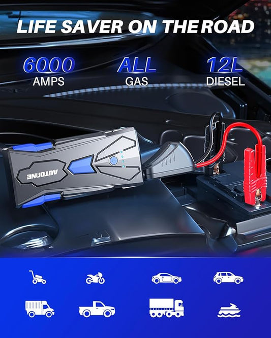 AUTOONE 6000A Car Battery Jump Starter Up to All Gas & 12L Diesel Engine, Car Battery Jumper Starter Portable 12V Jump Box with USB Output, Storage Case, LED Flashlight