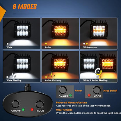 Nilight 2PCS 42W Light Bar 3Inch Cube Pod Light Amber White Strobe 6 Modes Memory Function, Ideal for Fog & Snow Conditions, Off-Road Truck Car ATV Jeep Boat with 16AWG Wiring Harness Kit-2 Leads